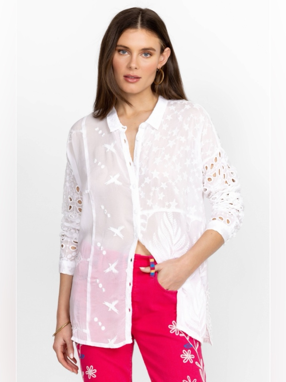 Johnny Was Rochelle Embroidered Eyelet Star Bird Leaf Design Button Down Shirt
